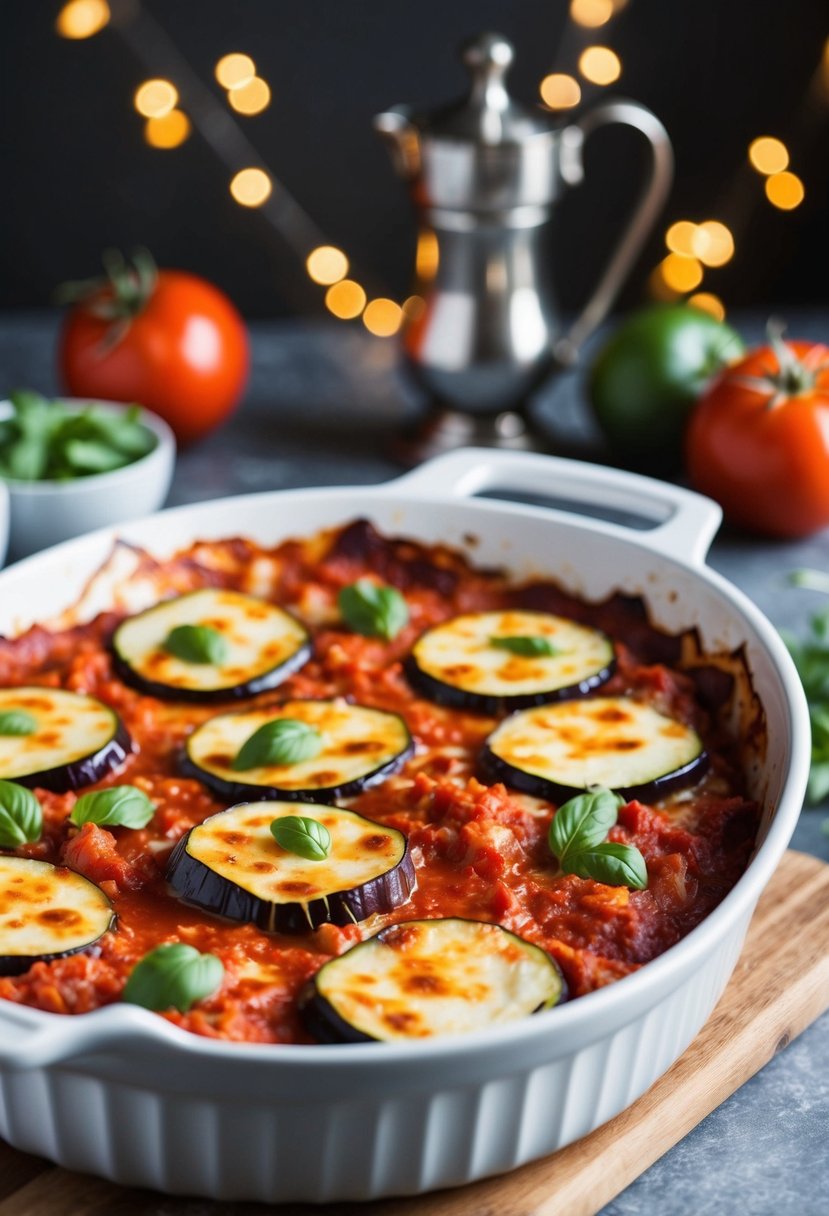 A baking dish filled with layers of sliced eggplant, tomato sauce, and melted cheese