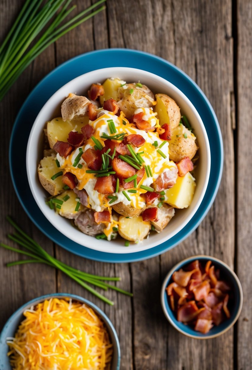 A rustic wooden table with a bowl of loaded baked potato salad surrounded by fresh ingredients like chives, bacon, and shredded cheese