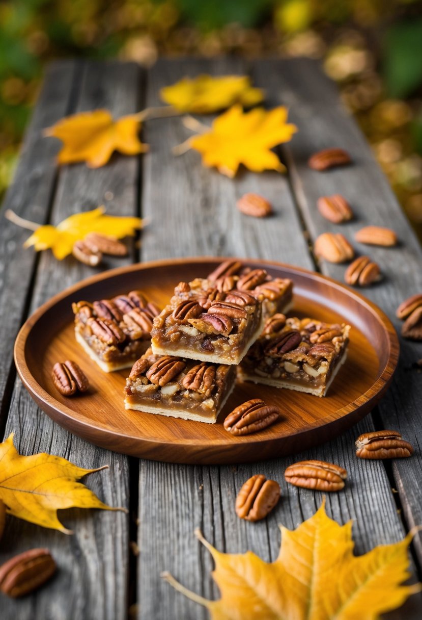 A wooden table with a tray of pecan pie bars, surrounded by fallen pecans and autumn leaves