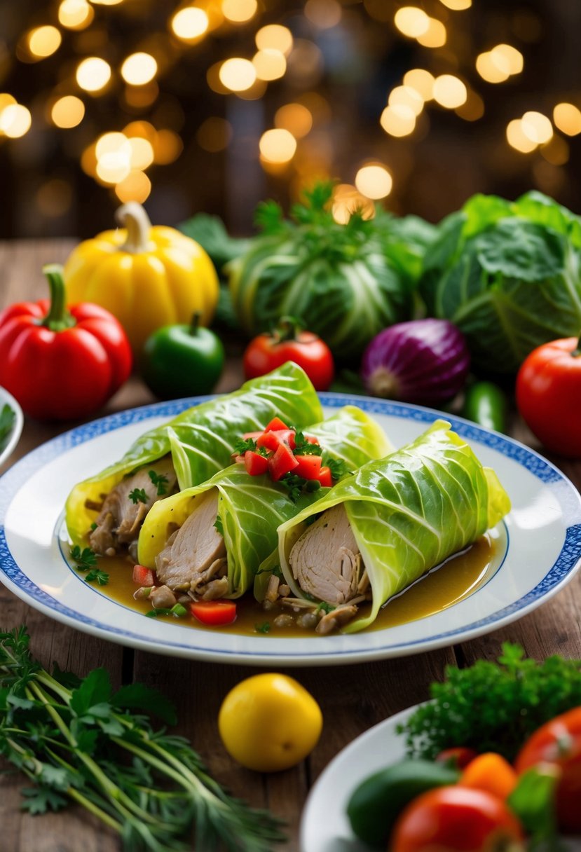 A table set with cabbage rolls filled with turkey, surrounded by colorful vegetables and herbs