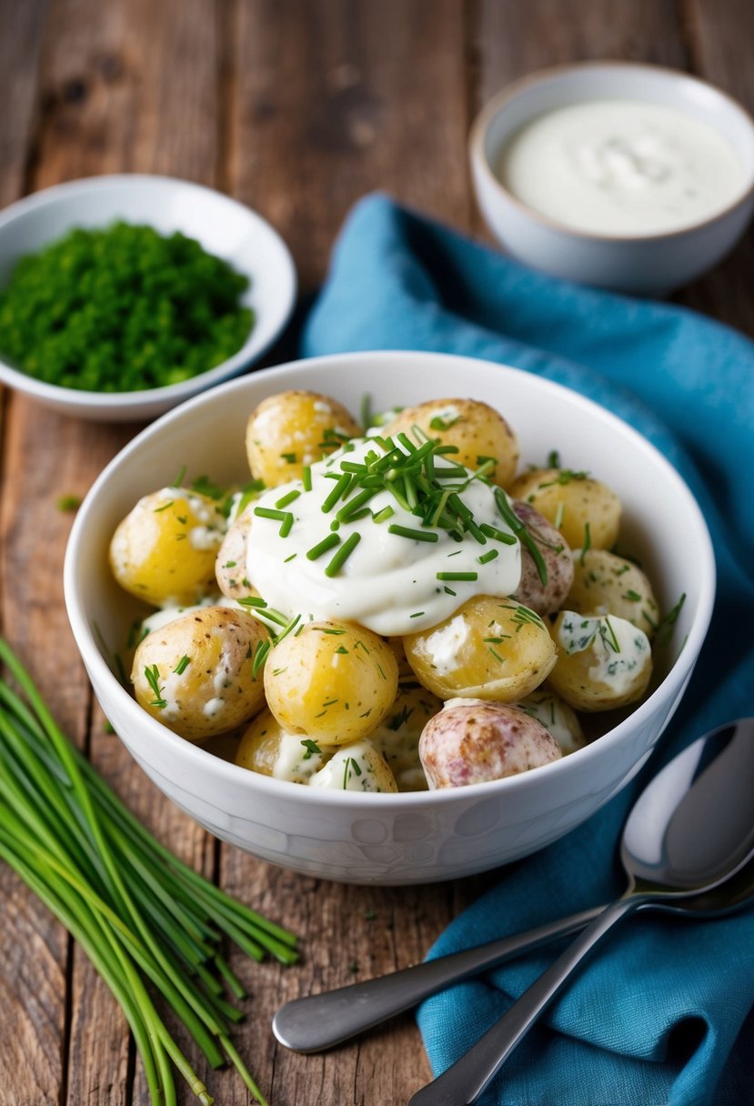 A bowl of potato salad with herbed sour cream and chive dressing, garnished with fresh chives and herbs