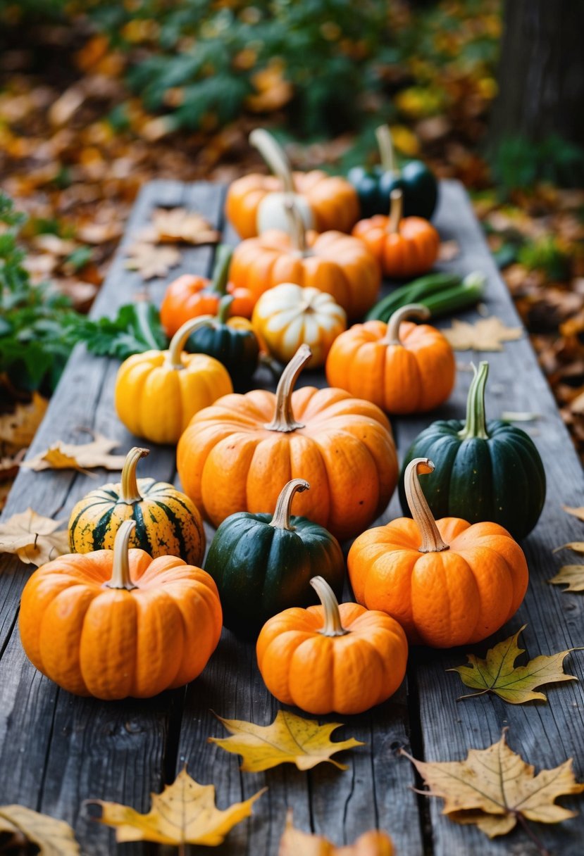 A rustic wooden table set with a variety of fall vegetables, including vibrant orange acorn squash, surrounded by fallen leaves and a cozy autumn ambiance