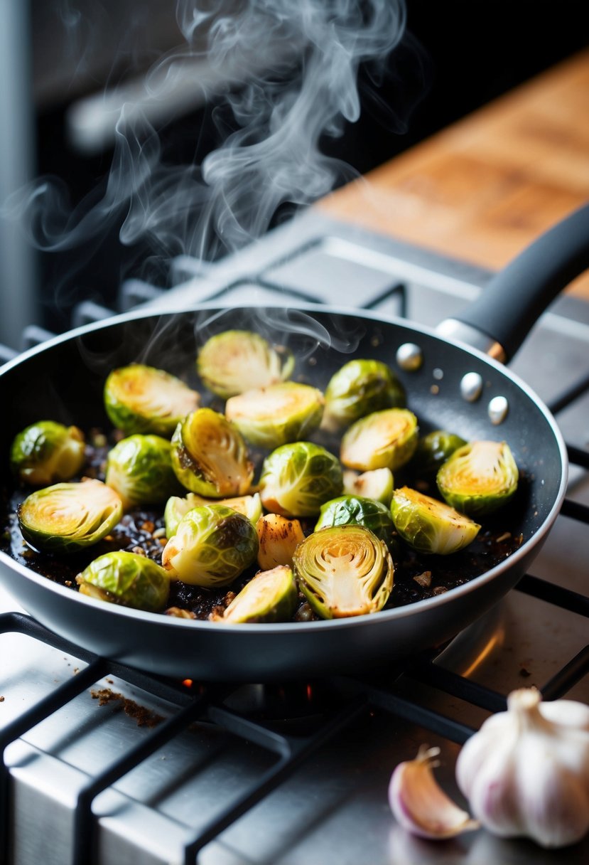 A sizzling pan of roasted Brussels sprouts with garlic, steam rising