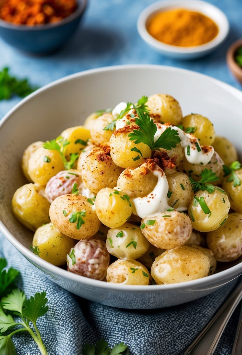 A bowl of creamy potato salad with a smoky chipotle sour cream fusion, garnished with fresh herbs and spices