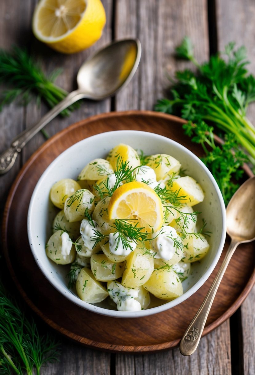 A rustic wooden table set with a bowl of tangy lemon and dill sour cream potato salad, surrounded by fresh herbs and a vintage serving spoon