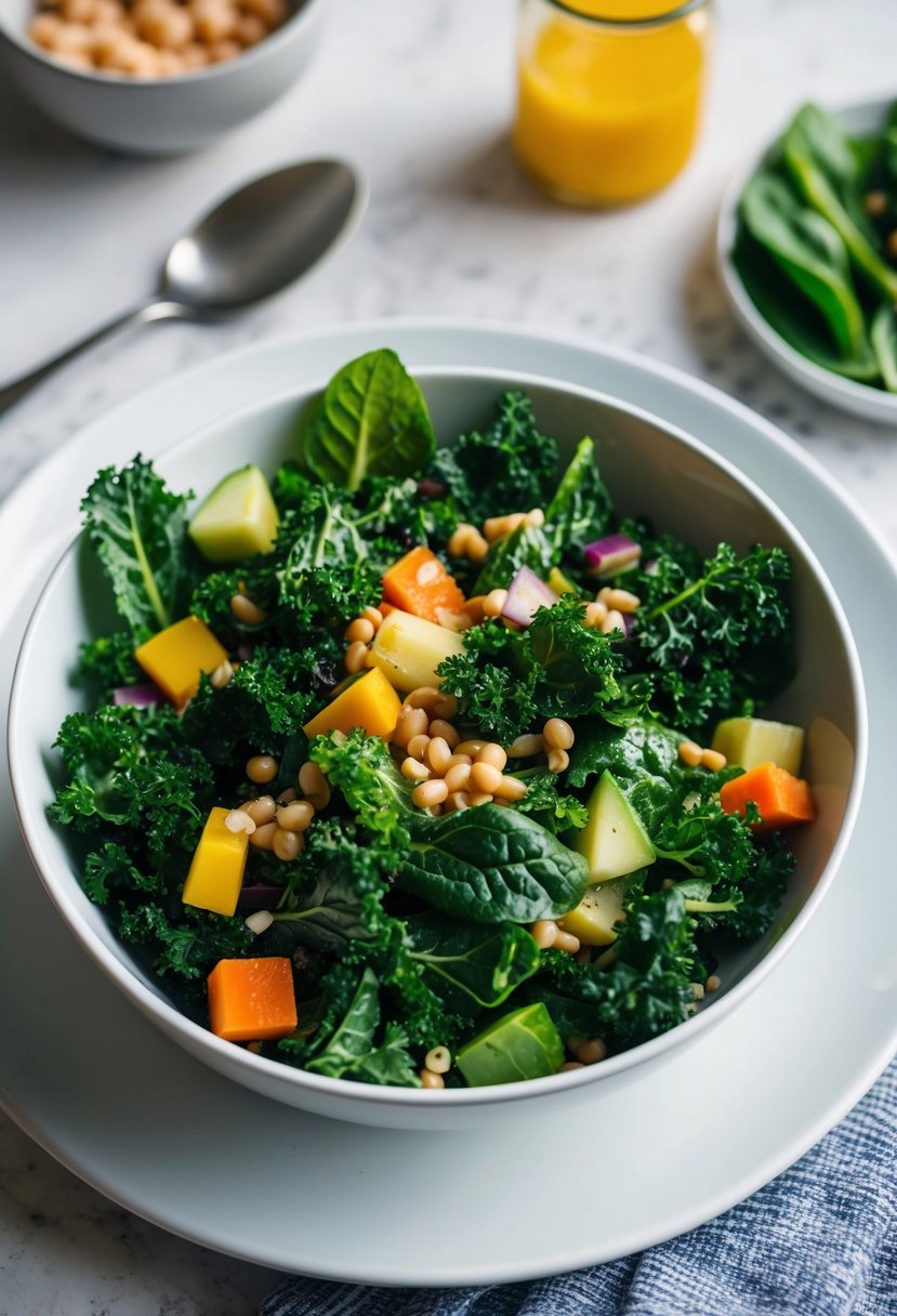 A vibrant bowl of kale and spinach salad with assorted vegetables and protein, set on a clean, white plate