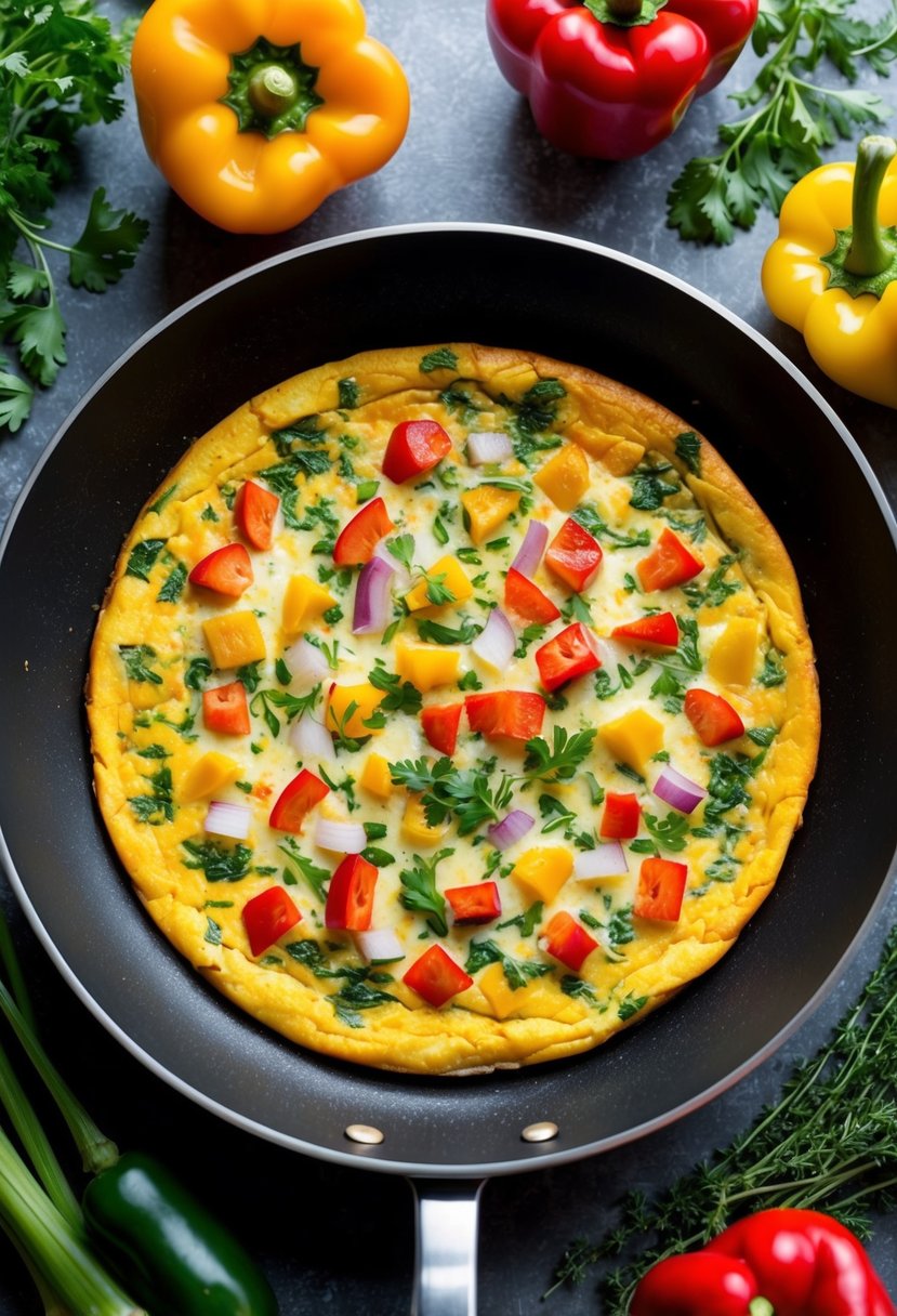 A sizzling frittata in a non-stick pan, filled with diced bell peppers and onions, surrounded by fresh vegetables and herbs