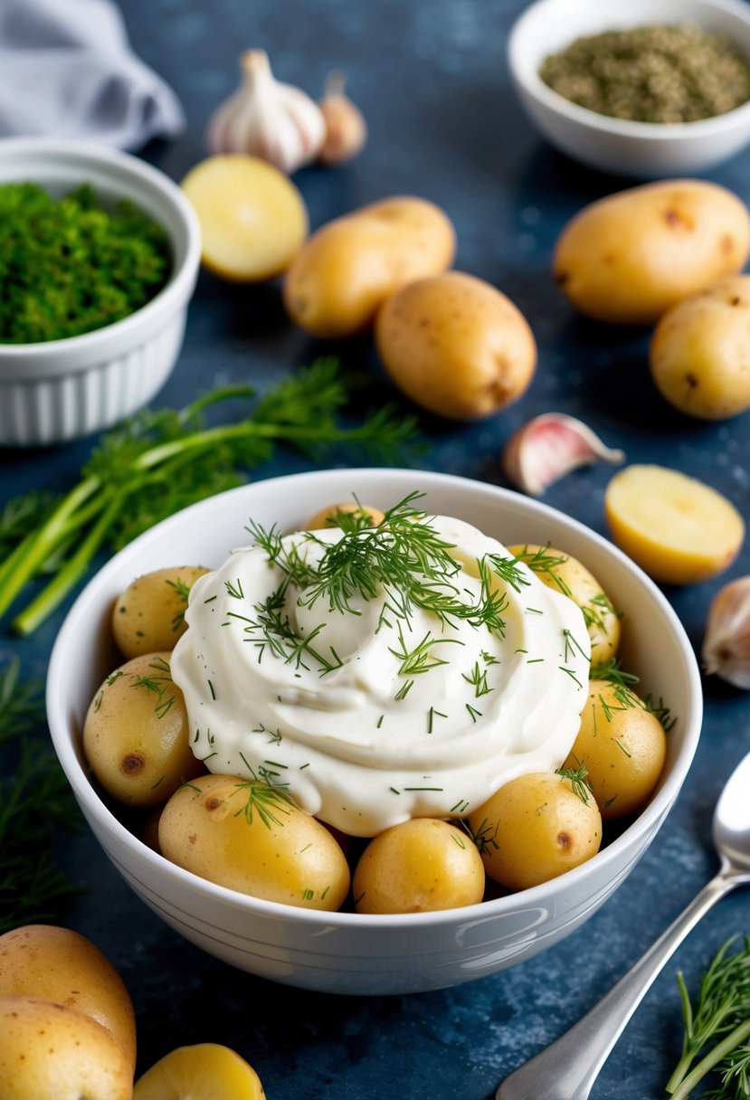 A bowl of sour cream mixed with garlic and herbs, surrounded by fresh potatoes, dill, and other ingredients for a potato salad recipe