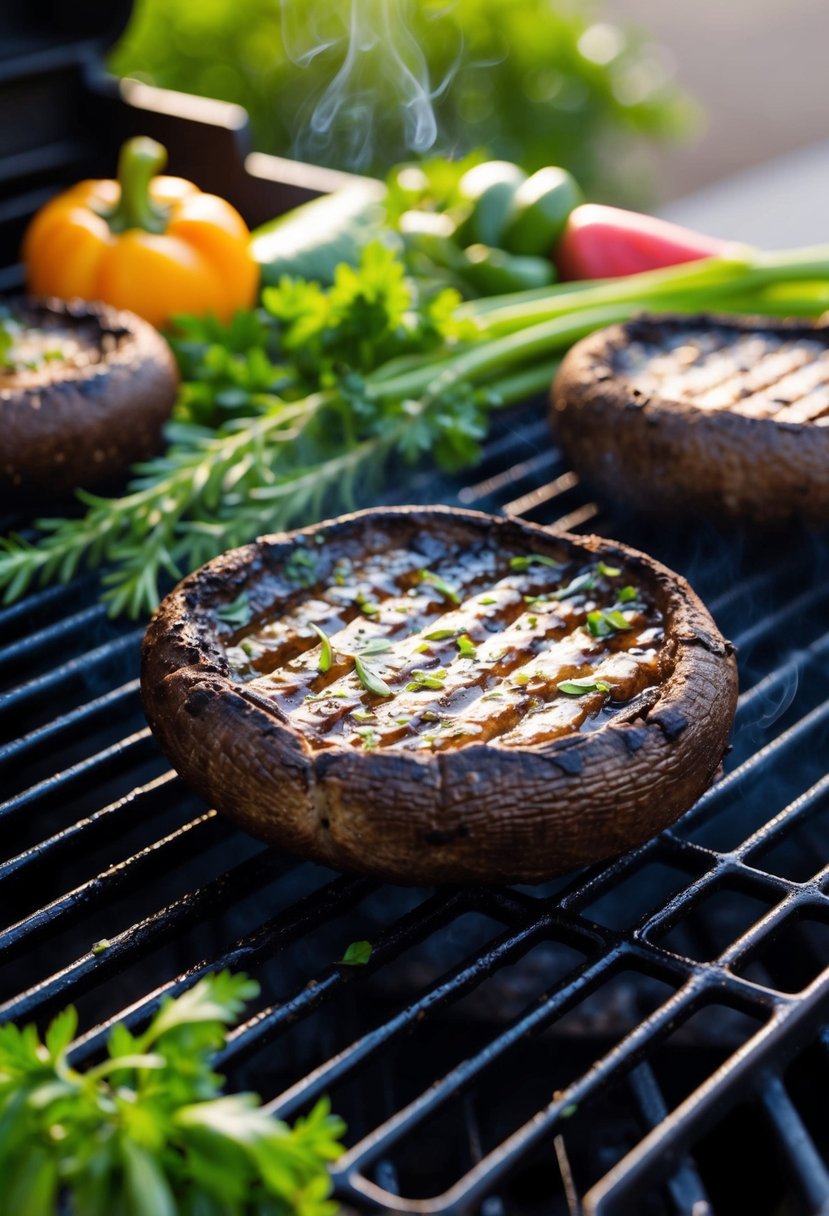 A sizzling portobello mushroom on a grill, with grill marks and a smoky aroma, surrounded by fresh herbs and vegetables