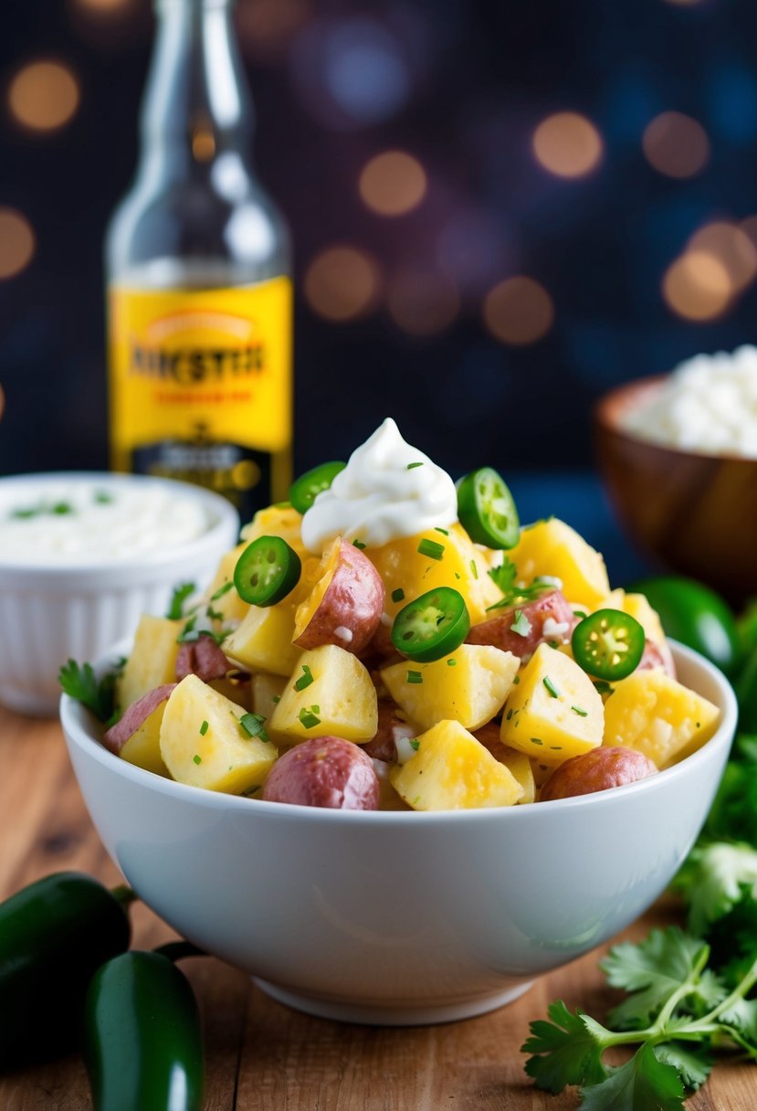 A vibrant bowl of potato salad with diced jalapeños and a dollop of spicy sour cream on top