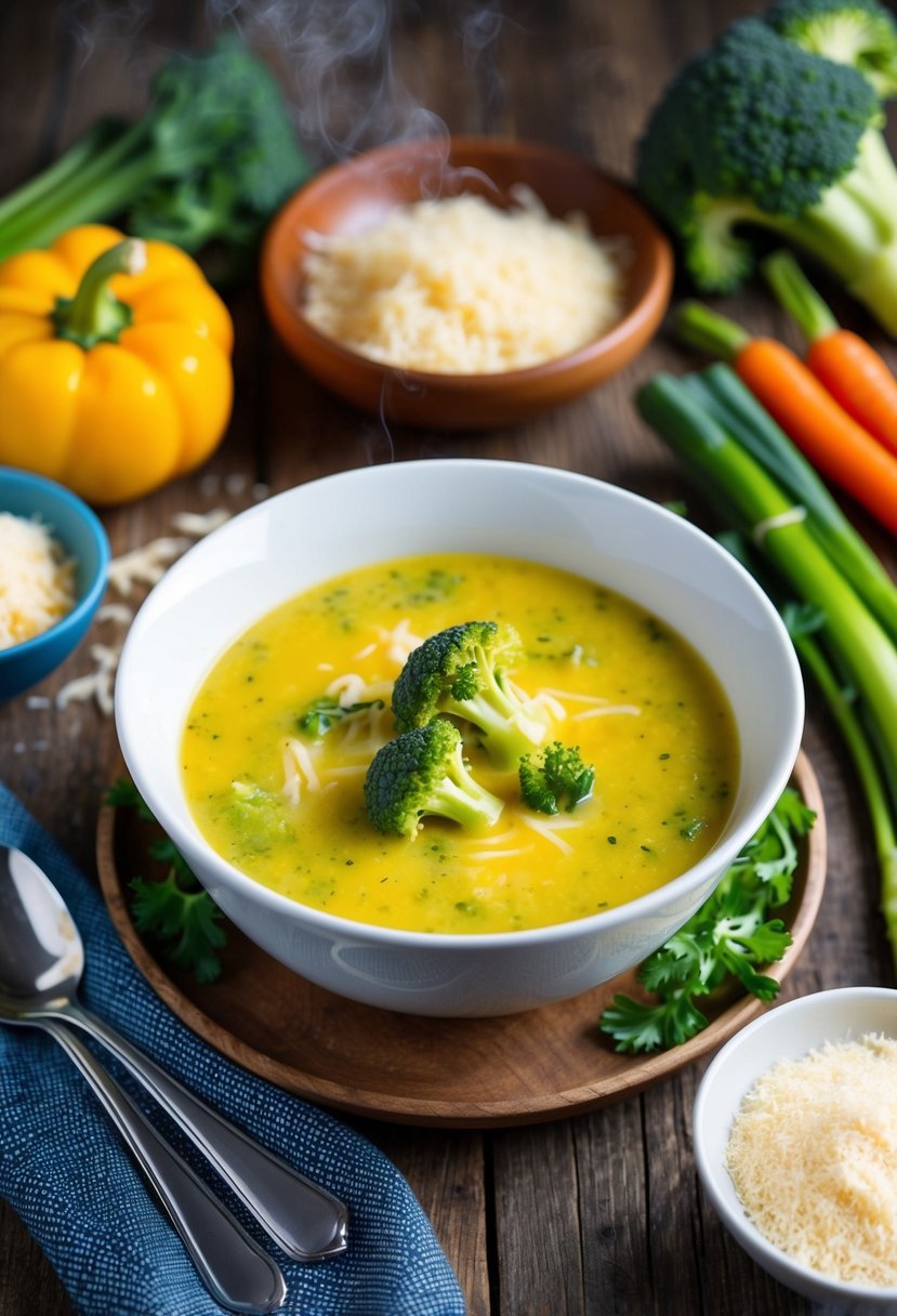 A steaming bowl of broccoli and cheese soup sits on a rustic wooden table, surrounded by fresh vegetables and a bowl of grated cheese