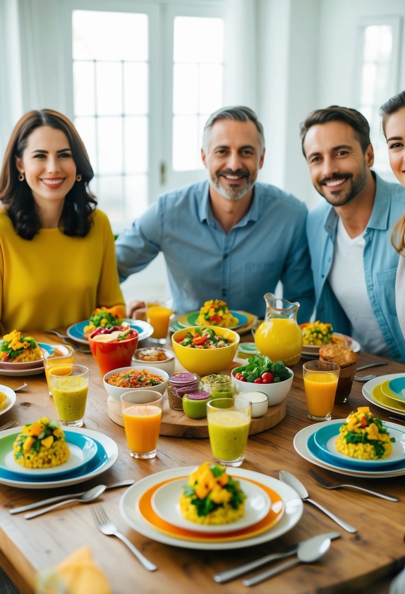 A table set with colorful, nutritious dishes surrounded by a happy family