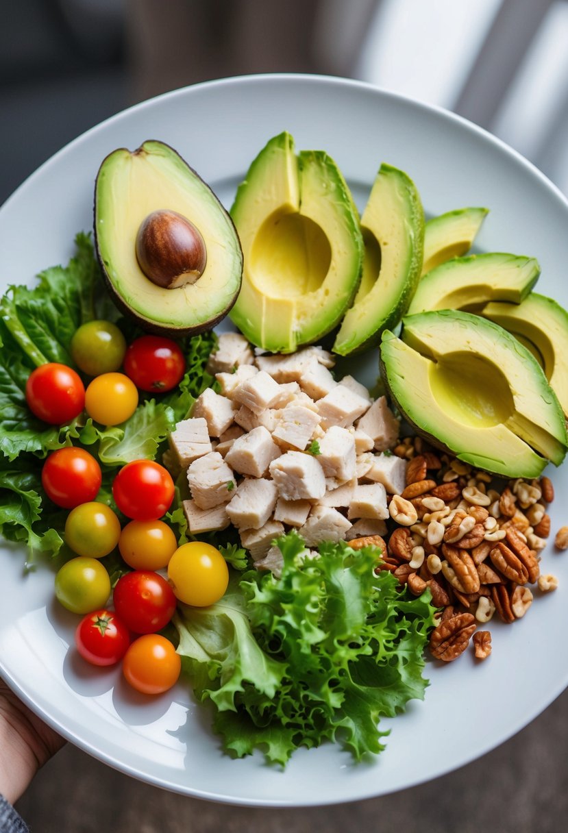 A colorful array of fresh ingredients: diced chicken, ripe avocados, crisp lettuce, vibrant cherry tomatoes, and crunchy nuts, arranged on a clean white plate