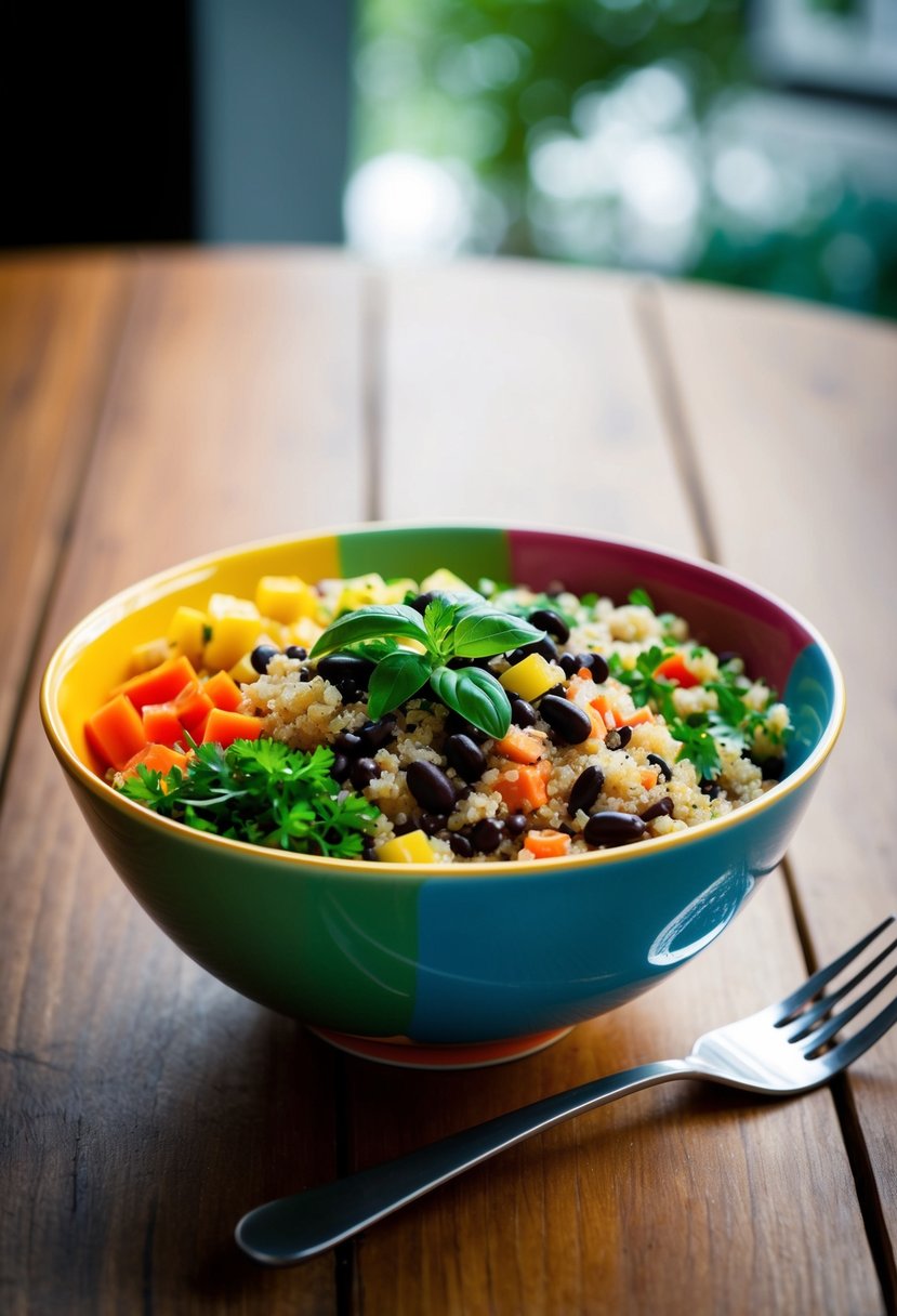 A colorful bowl filled with quinoa, black beans, diced vegetables, and fresh herbs, set on a wooden table with a fork beside it