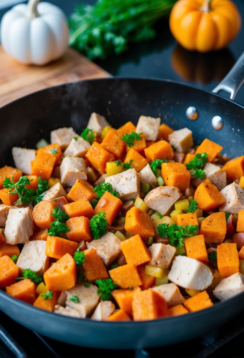 A skillet filled with diced turkey, sweet potatoes, and colorful vegetables sizzling on a stovetop