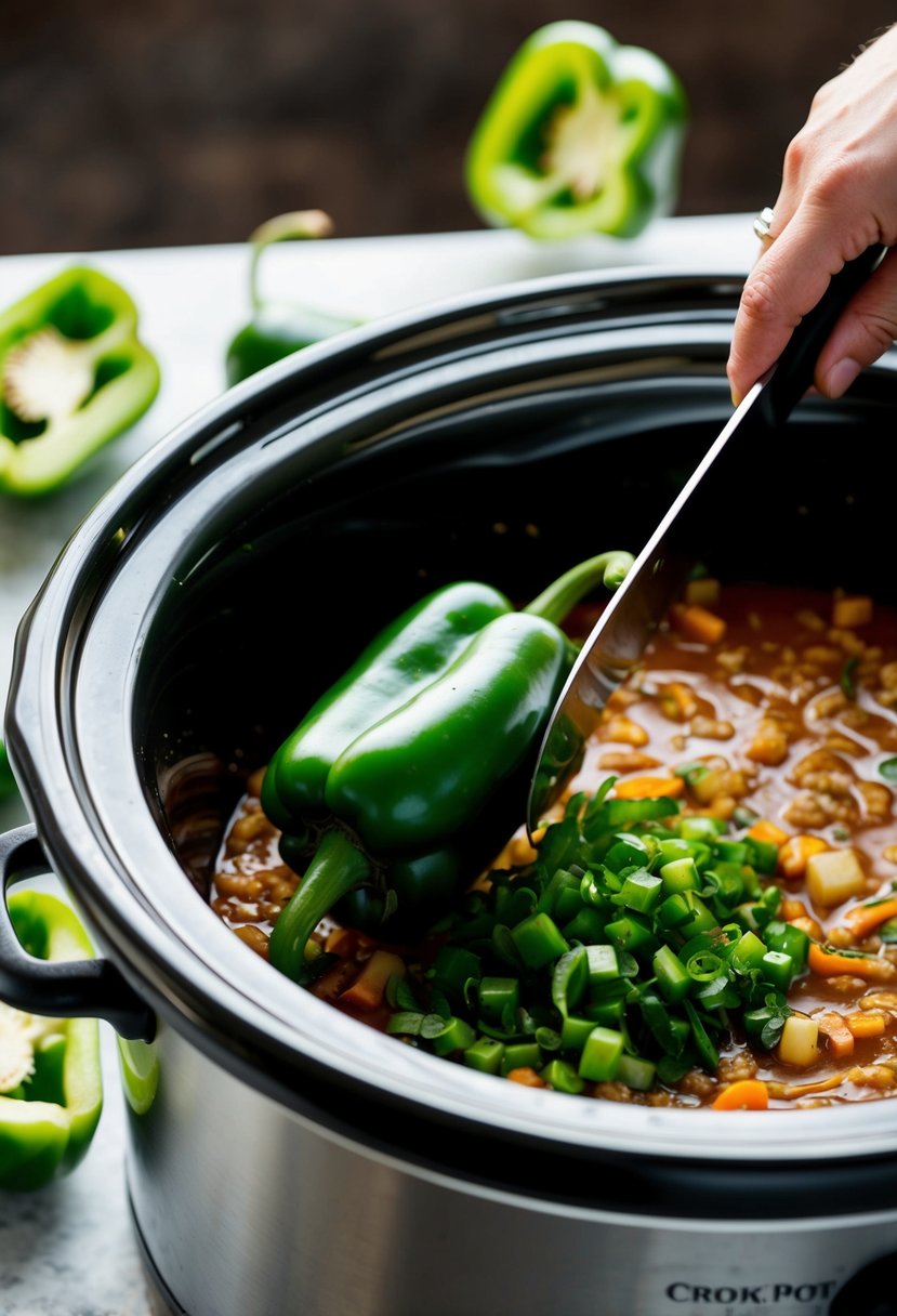 Fresh green peppers being chopped and added to a bubbling crockpot filled with savory ingredients