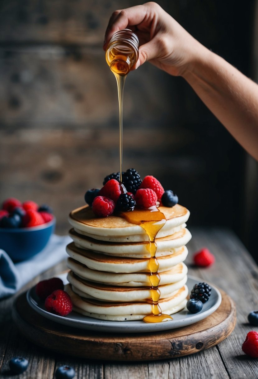 A stack of Greek yogurt pancakes with fresh berries and a drizzle of honey on a rustic wooden table