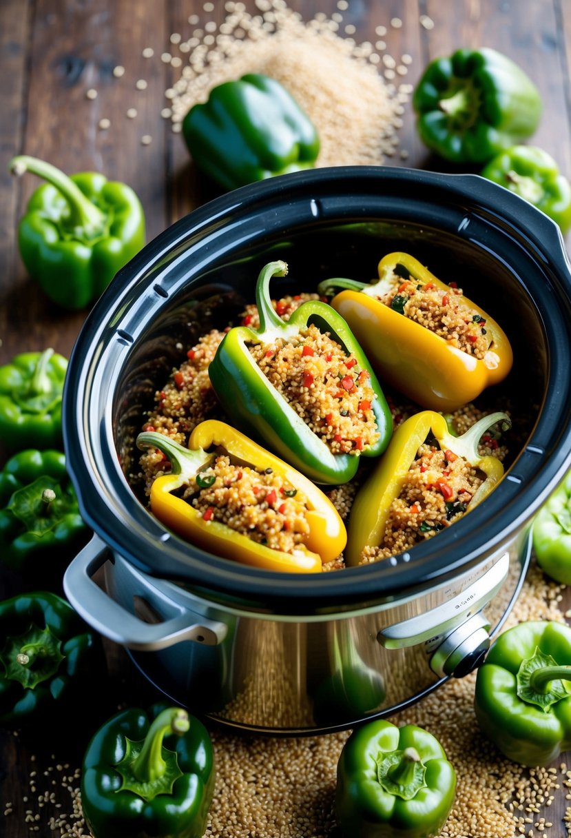 A crockpot filled with stuffed green peppers and quinoa, surrounded by fresh green peppers and a scattering of quinoa grains