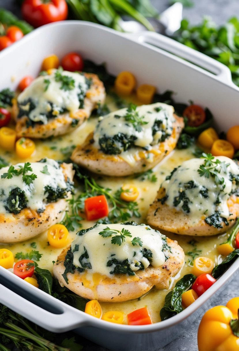 A baking dish filled with spinach and cheese-stuffed chicken breasts, surrounded by colorful vegetables and herbs