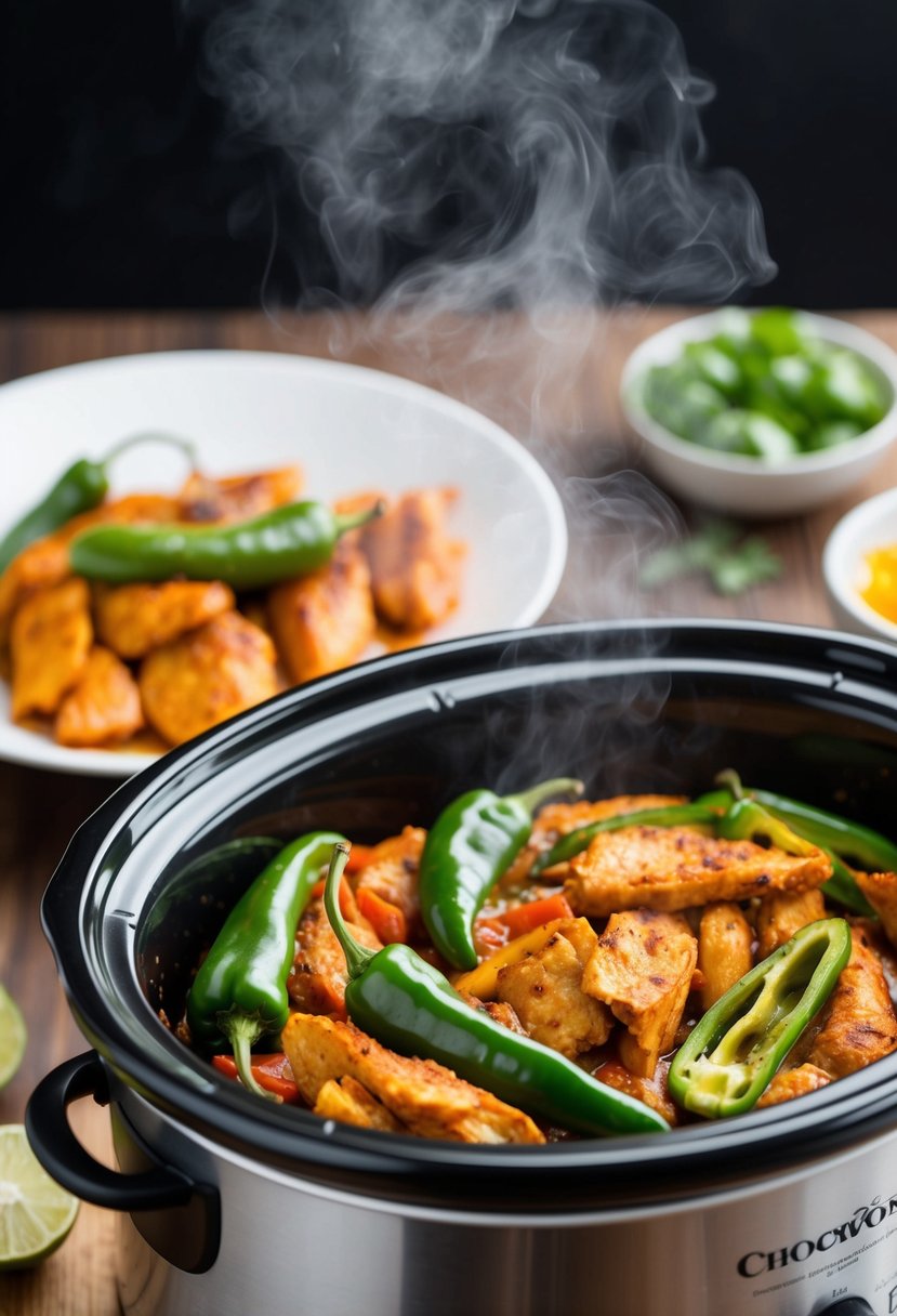 Sizzling green pepper chicken fajitas cooking in a crockpot, with steam rising and the aroma of spices filling the air