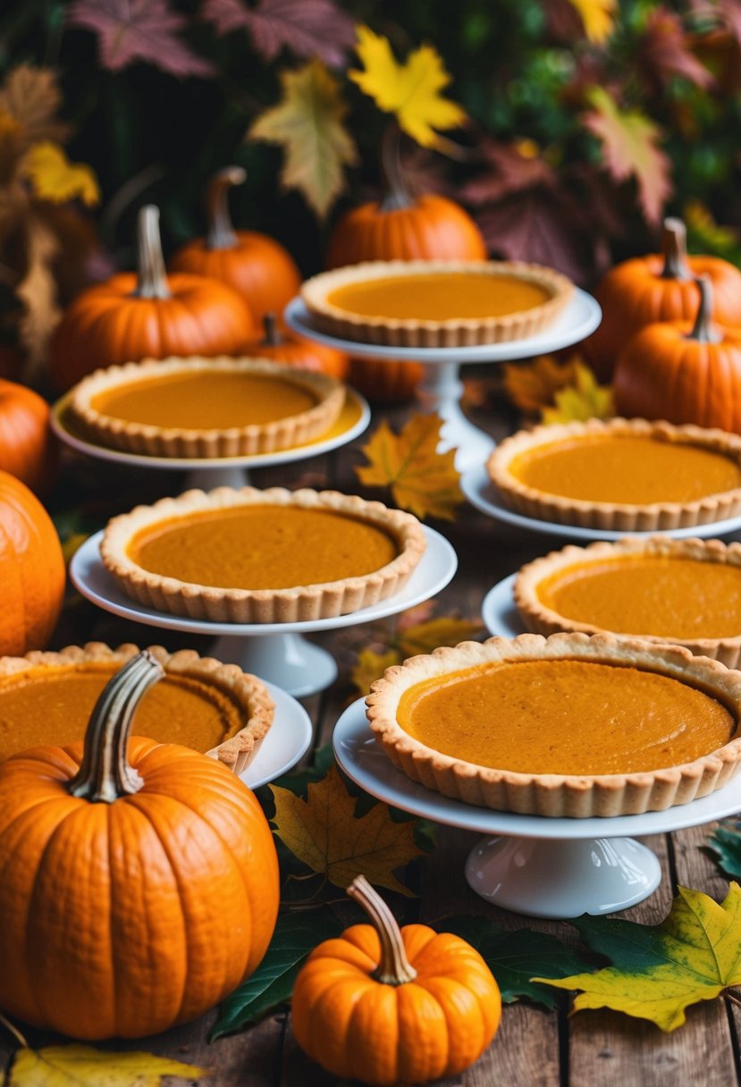 A table filled with pumpkin pies, tarts, and cakes surrounded by autumn leaves and pumpkins