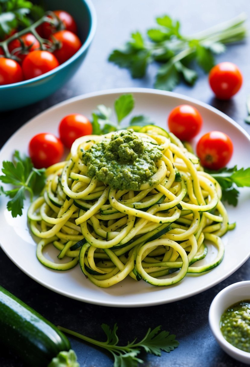 A colorful plate of zucchini noodles topped with vibrant pesto sauce, surrounded by fresh herbs and cherry tomatoes