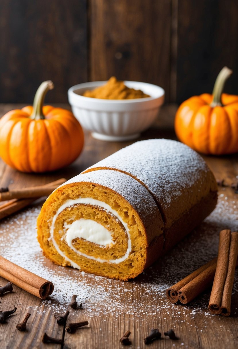 A pumpkin spice cake roll sits on a wooden table, surrounded by cinnamon sticks, cloves, and a sprinkling of powdered sugar