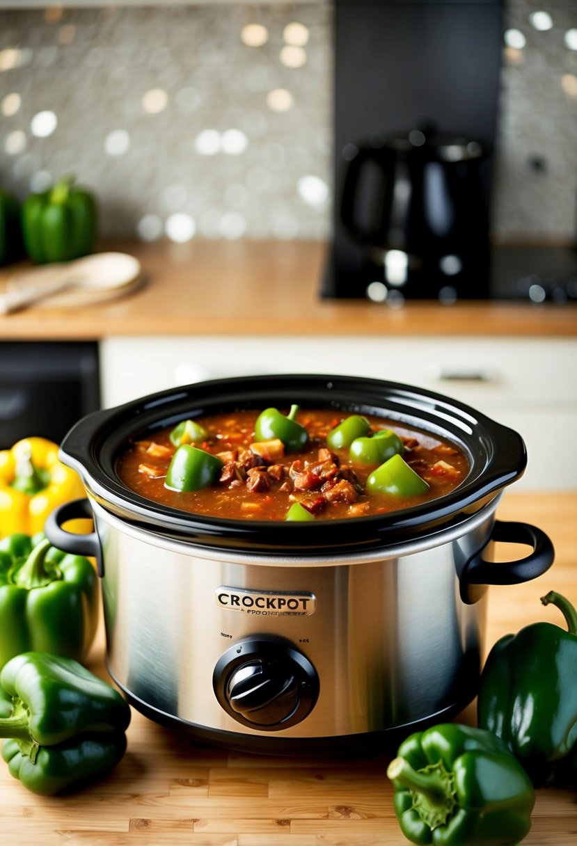 A crockpot filled with simmering green pepper chili, surrounded by fresh green peppers and other ingredients on a kitchen counter