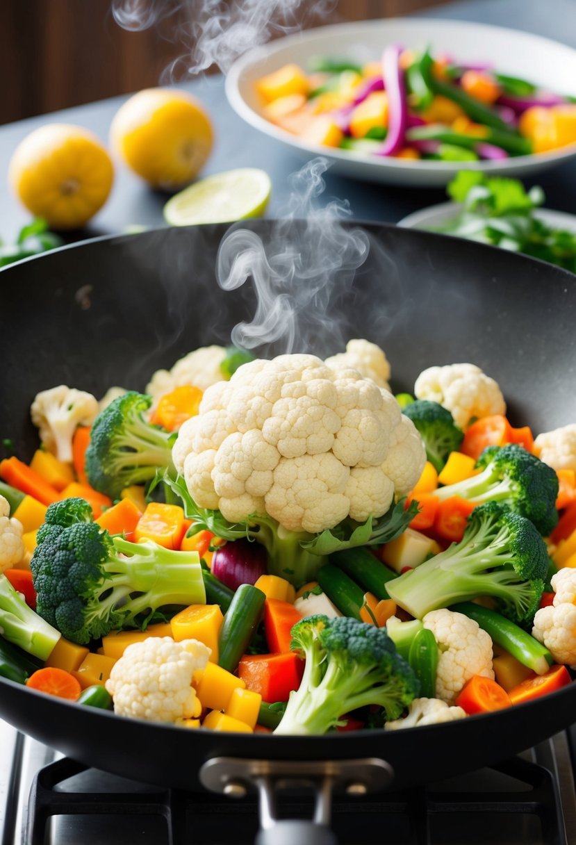 A colorful array of fresh cauliflower, vibrant vegetables, and lean protein sizzling in a wok, emitting a tempting aroma