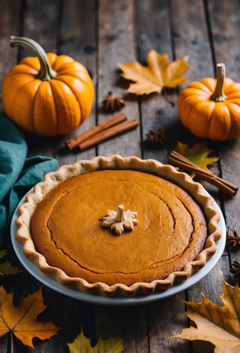 A rustic kitchen table with a freshly baked pumpkin pie, surrounded by fall leaves and cinnamon sticks