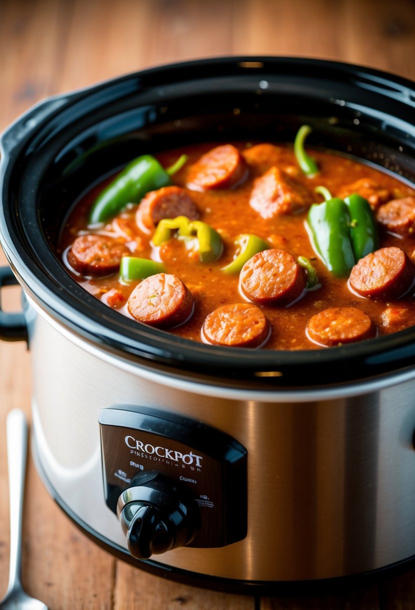 A crockpot filled with simmering sausage and green pepper stew