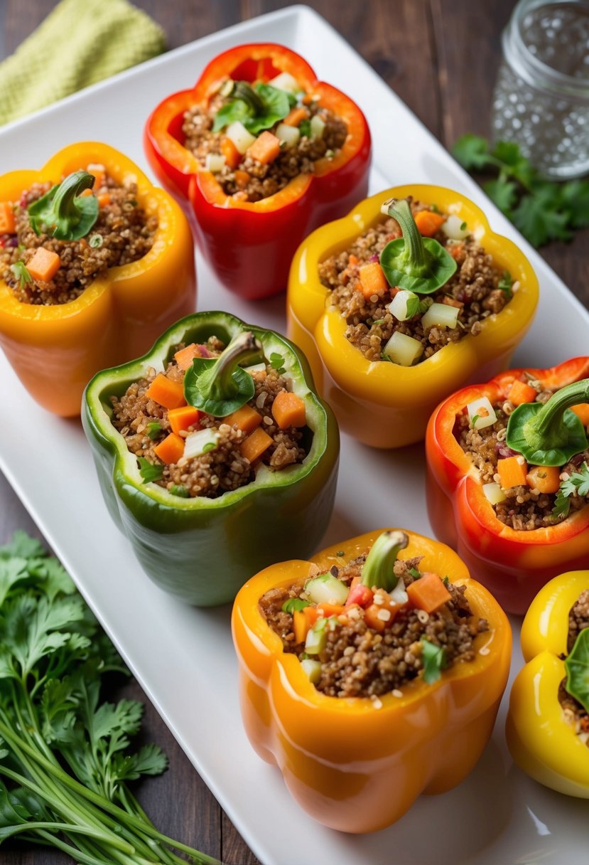 A colorful array of bell peppers stuffed with lean ground turkey, quinoa, and vegetables, arranged on a white plate