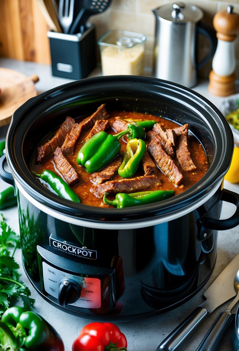 A crockpot filled with sizzling beef strips and vibrant green peppers, surrounded by various cooking utensils and ingredients on a kitchen counter