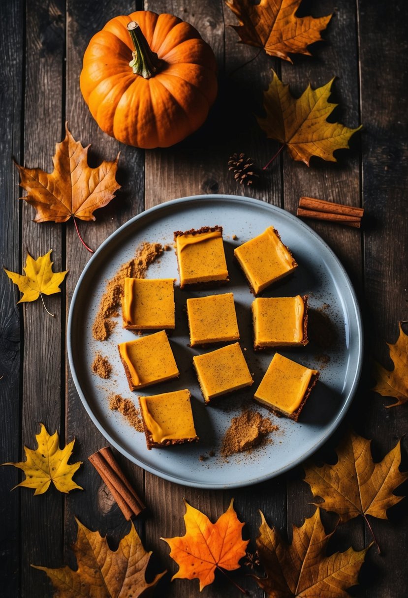 A rustic wooden table with a platter of pumpkin cheesecake bars, surrounded by autumn leaves and a sprinkle of cinnamon