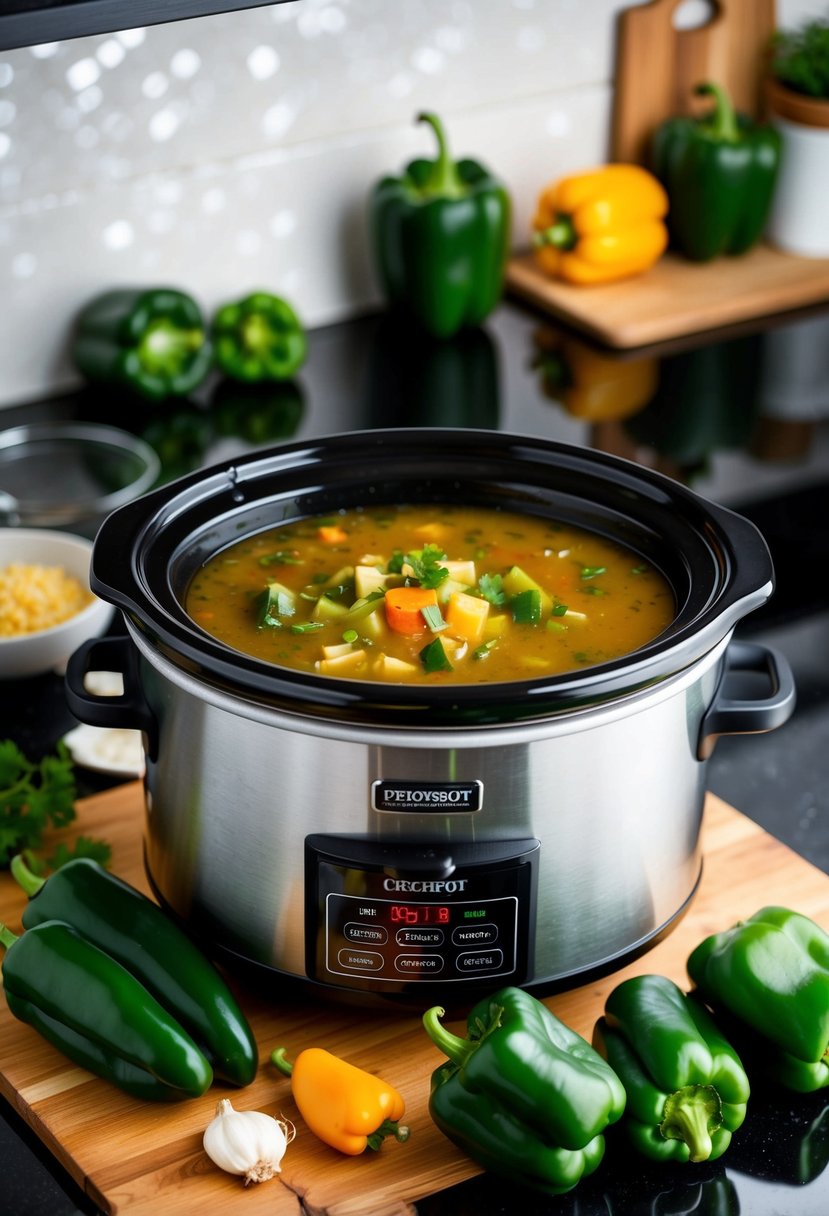 A crockpot simmering with vegetarian green pepper soup, surrounded by fresh green peppers and other ingredients on a kitchen counter