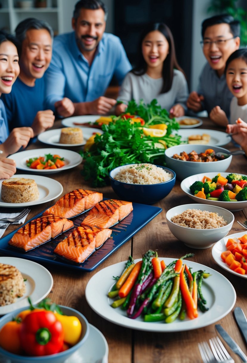 A table set with a platter of grilled salmon, a bowl of brown rice, and various colorful vegetables, surrounded by a family eagerly gathering for a meal