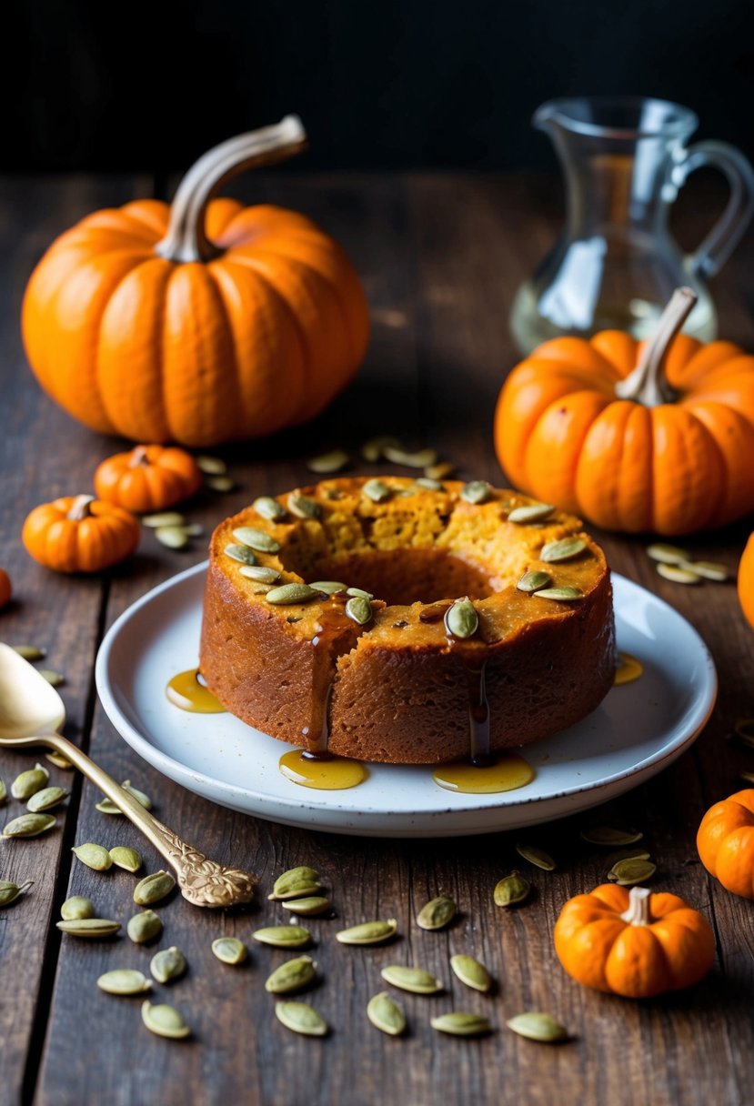 A rustic kitchen table with a freshly baked maple pumpkin bread pudding surrounded by scattered pumpkin seeds and a drizzle of maple syrup