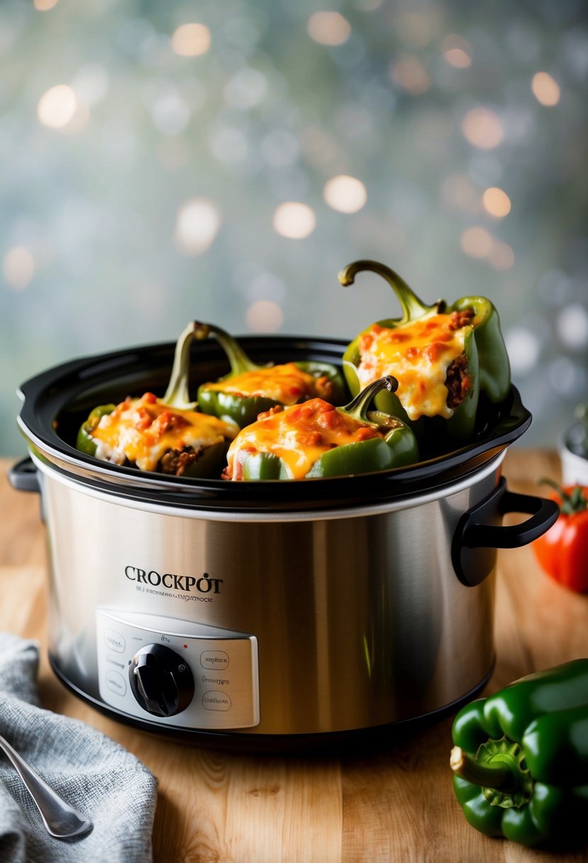 A crockpot filled with layers of slow-cooked stuffed green peppers, bubbling with savory tomato sauce and melted cheese