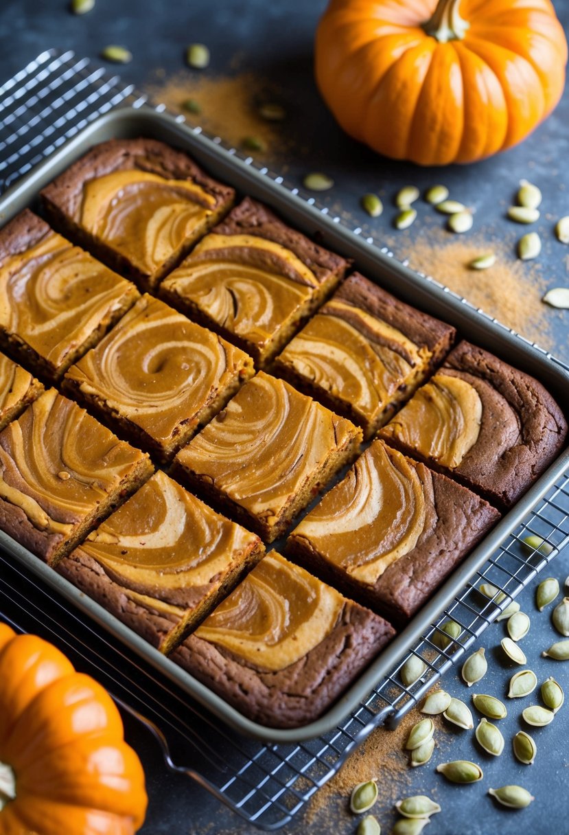 A tray of caramel swirl pumpkin brownies cooling on a wire rack, surrounded by scattered pumpkin seeds and a dusting of cinnamon