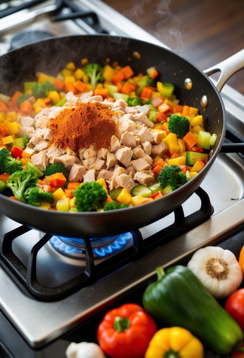 A colorful array of fresh vegetables, diced turkey, and aromatic spices sizzling in a large skillet over a gas stove