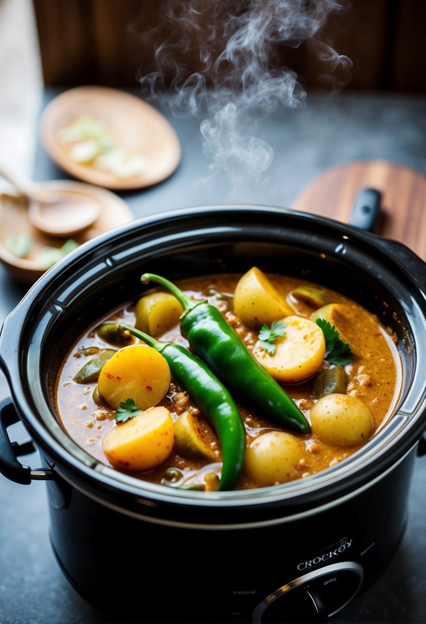 A bubbling crockpot filled with spicy green pepper and potato curry, emitting a tantalizing aroma