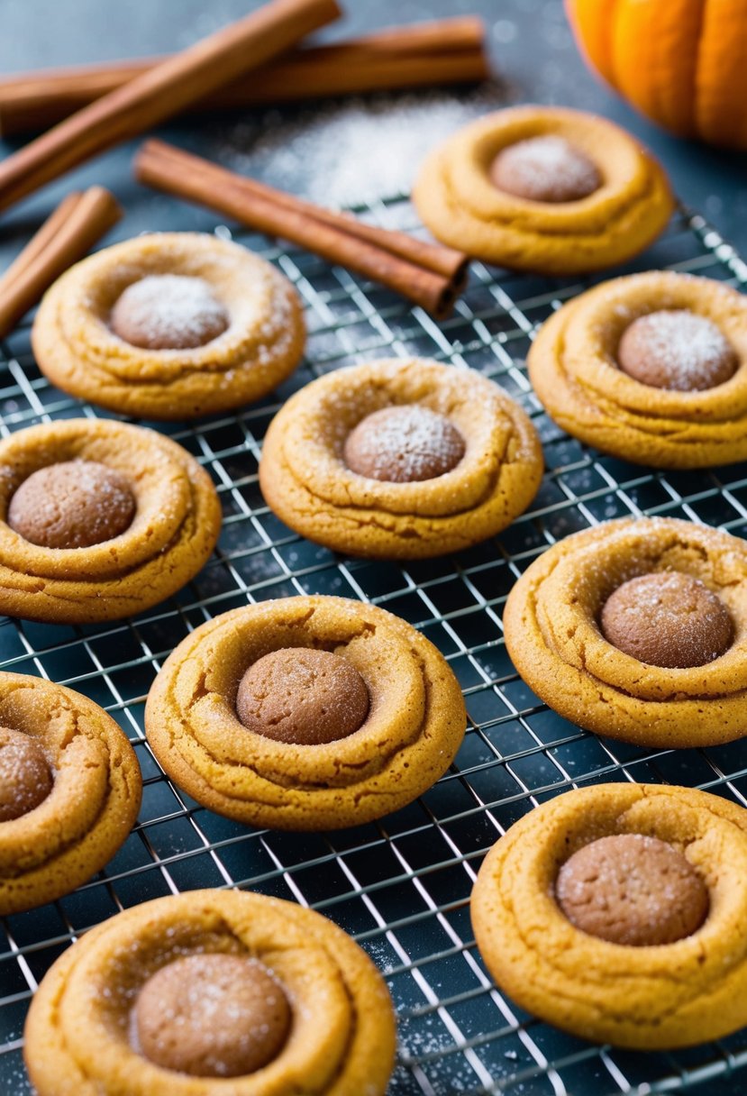 A batch of pumpkin snickerdoodle cookies cooling on a wire rack, surrounded by cinnamon sticks and sprinkled with powdered sugar