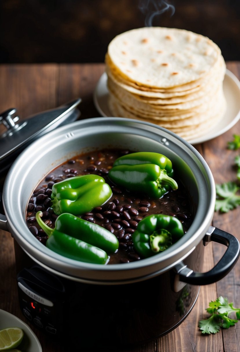 Fresh green peppers and black beans simmer in a crockpot, filling the air with savory aromas. A stack of warm tortillas waits nearby, ready to be filled with the delicious mixture