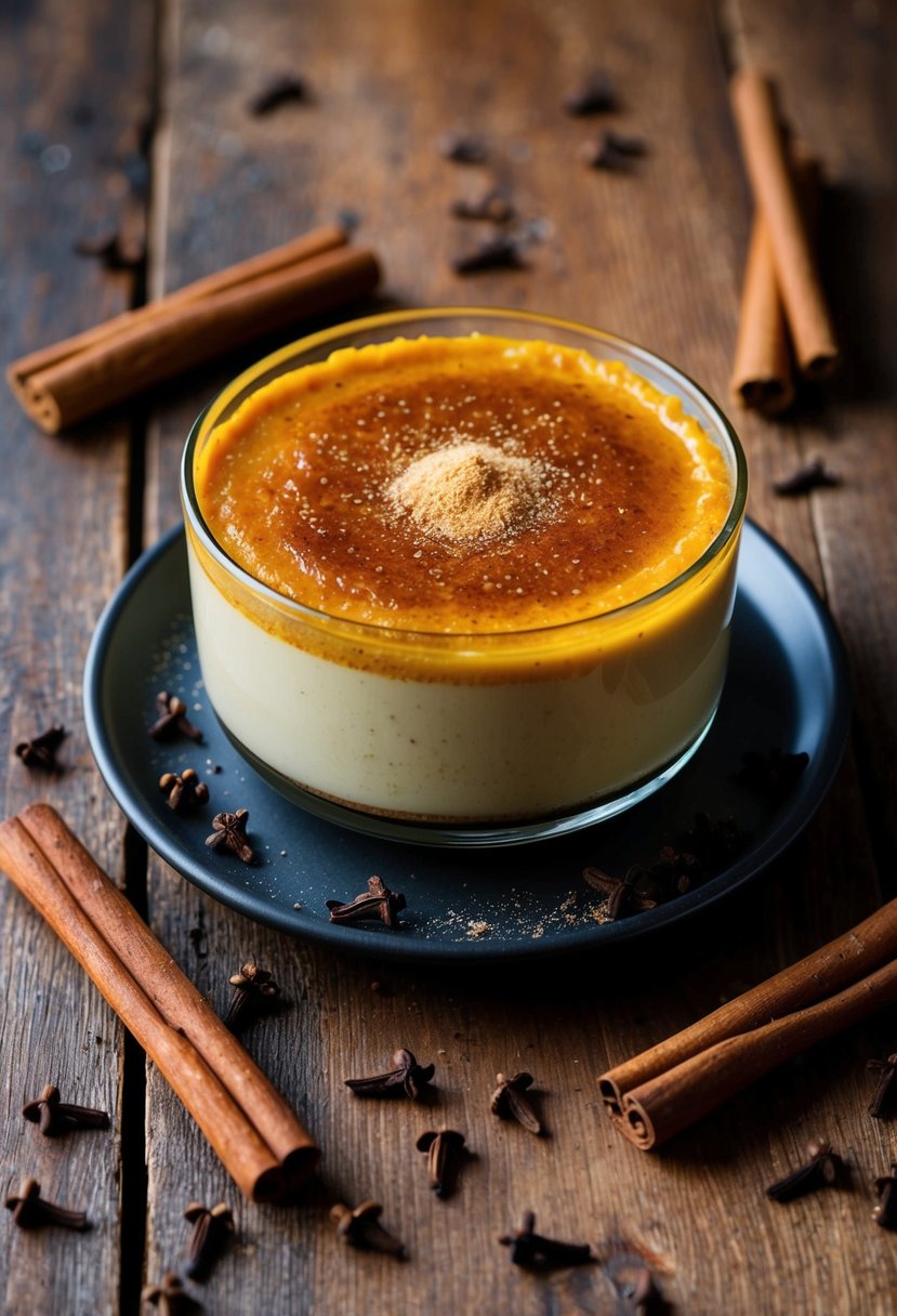 A pumpkin creme brulee sits on a rustic wooden table, surrounded by a scattering of cinnamon sticks and whole cloves. The dessert is topped with a perfectly caramelized layer and a sprinkle of nutmeg