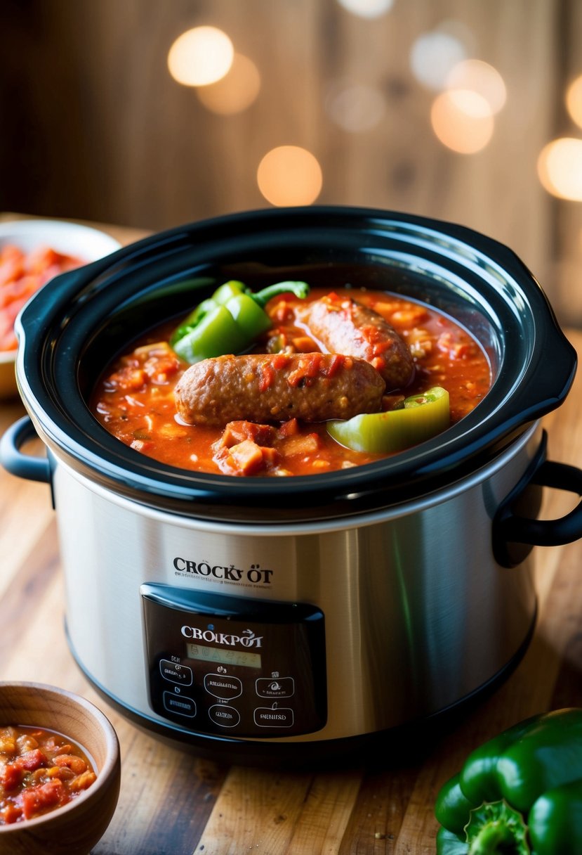 A bubbling crockpot filled with Italian sausage, green peppers, and simmering marinara sauce