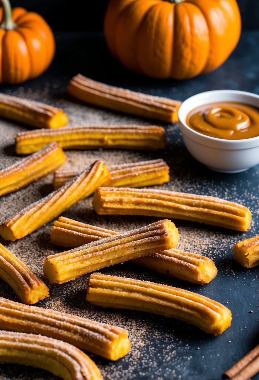 A table covered in freshly baked pumpkin churros, sprinkled with cinnamon sugar and served with a side of creamy caramel dipping sauce