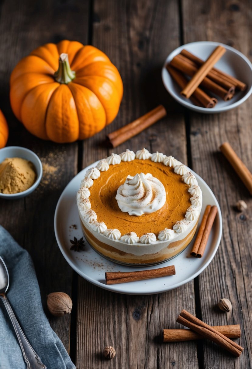 A rustic wooden table with a pumpkin tiramisu dessert surrounded by cinnamon sticks, nutmeg, and a dollop of whipped cream