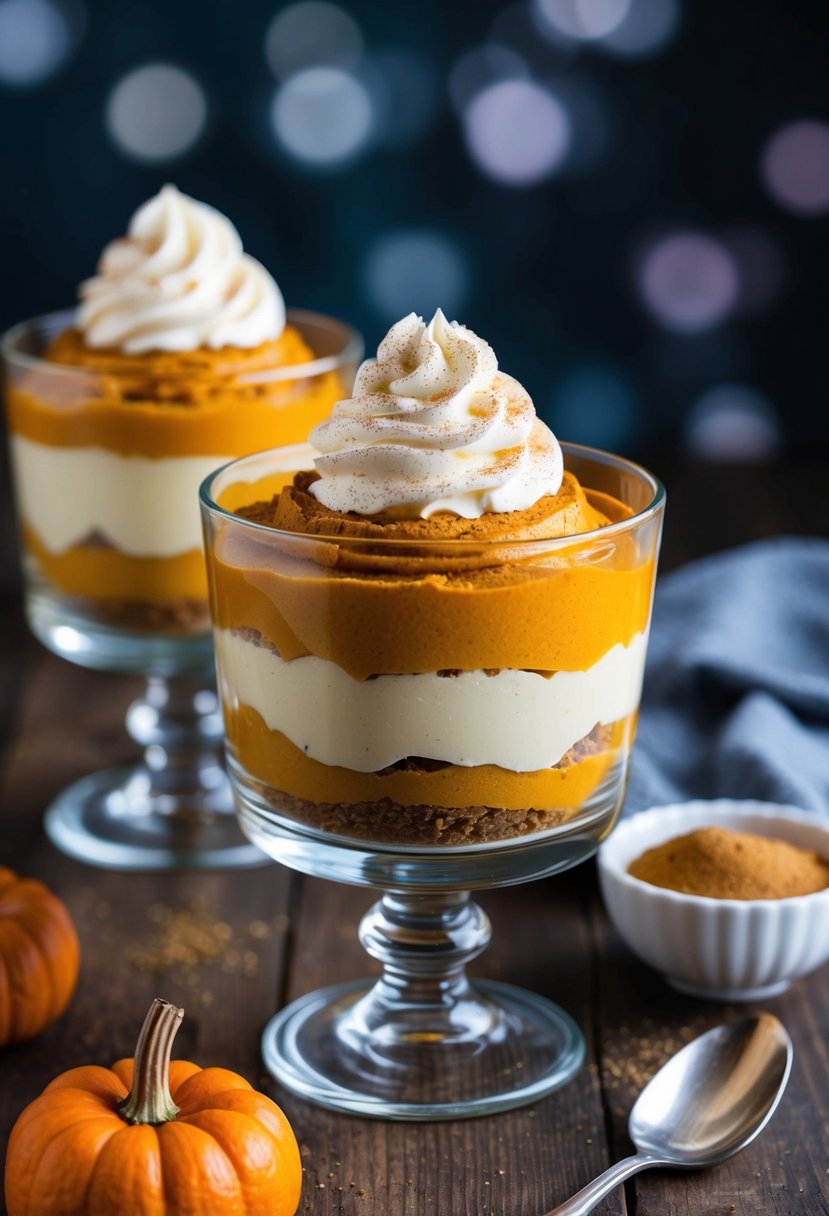 A glass parfait dish filled with layers of creamy pumpkin mousse, topped with a dollop of whipped cream and a sprinkle of cinnamon