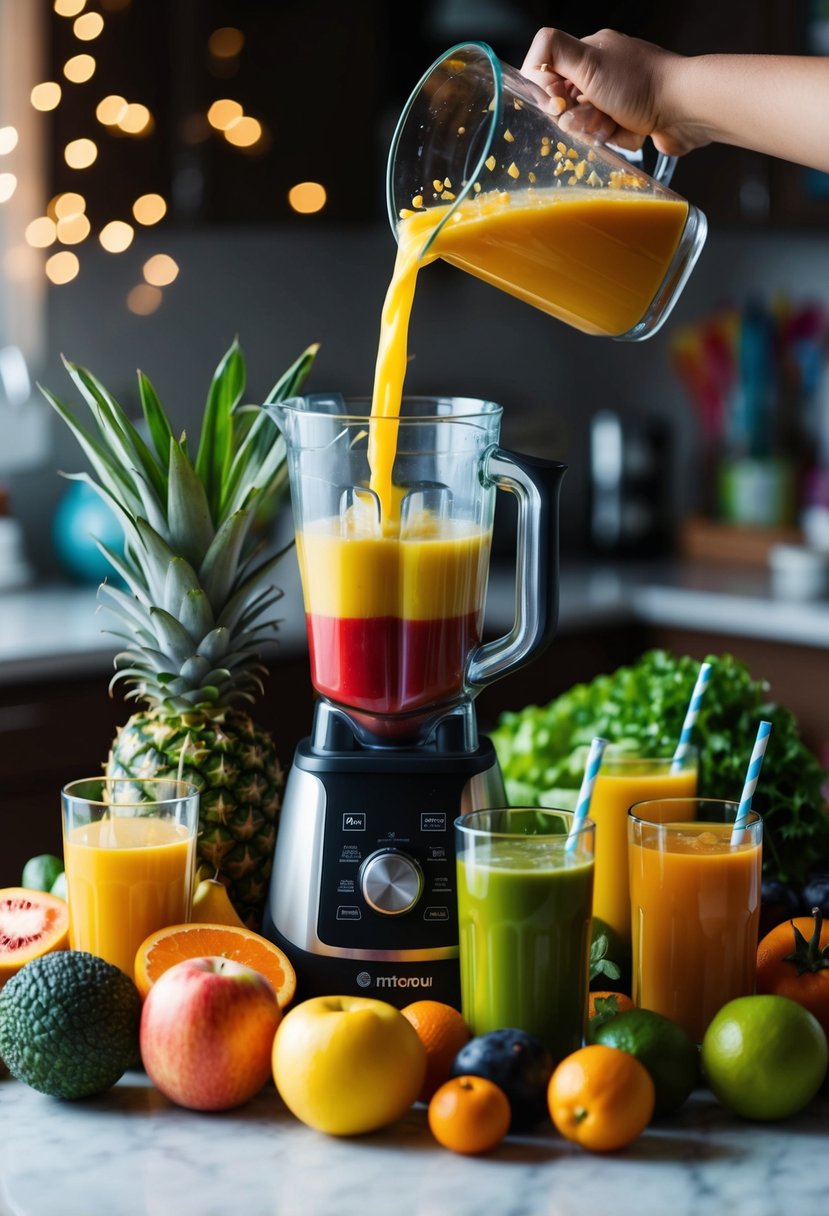 Fresh fruits and vegetables arranged around a blender, with a variety of colorful juices being poured into glasses