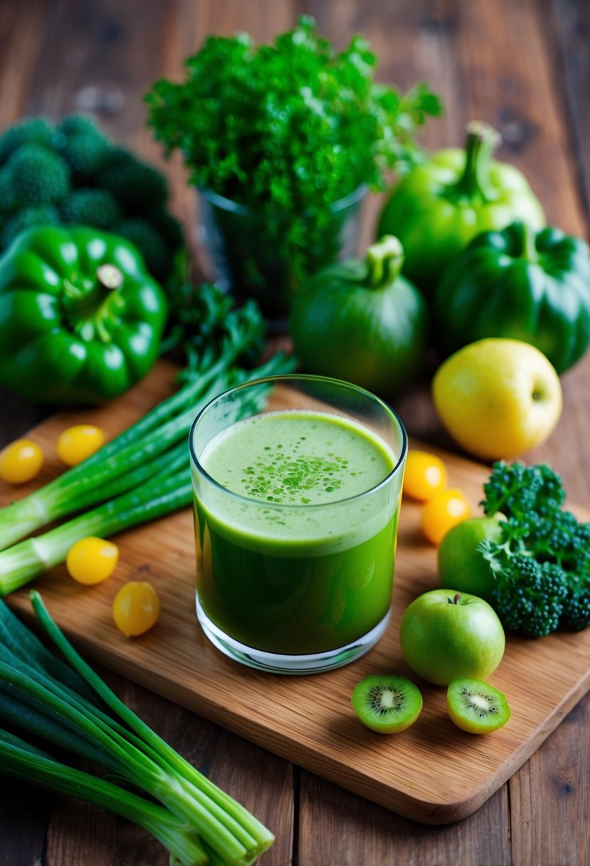 A glass of Green Detox Delight juice surrounded by fresh, vibrant green vegetables and fruits on a wooden cutting board